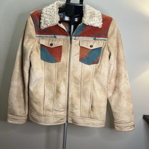 Tasha Polizzi Chatteau Coat Faux Suede M Tan Western Aztec Cowgirl Rodeo Trail
